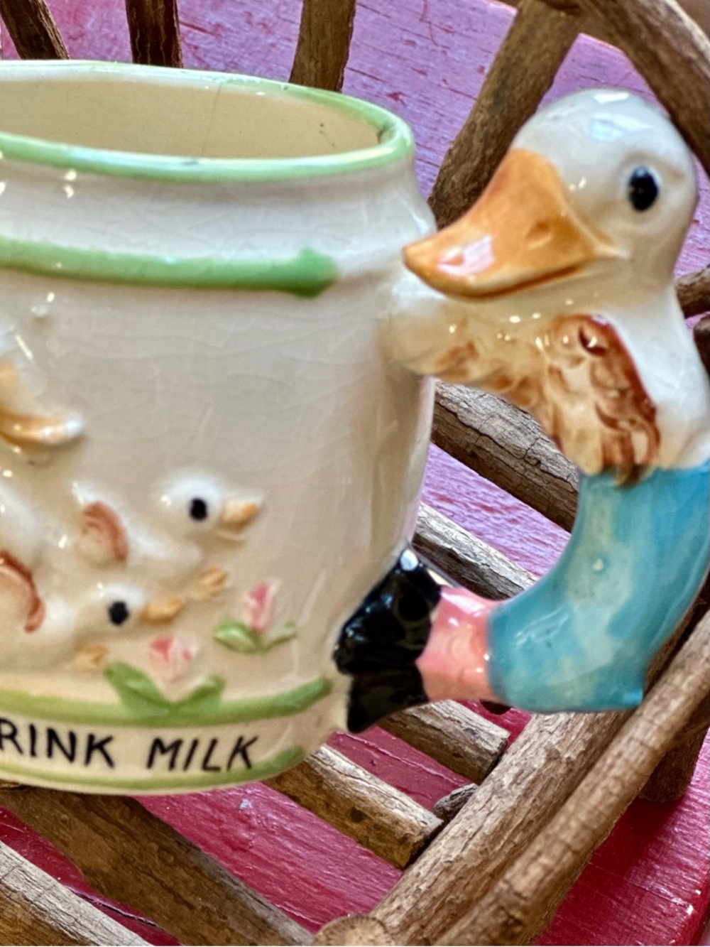 Vintage Set of Always Drink Milk Ceramic Animal Handle Mugs Cream Pastel Accents - Picture 2 of 10
